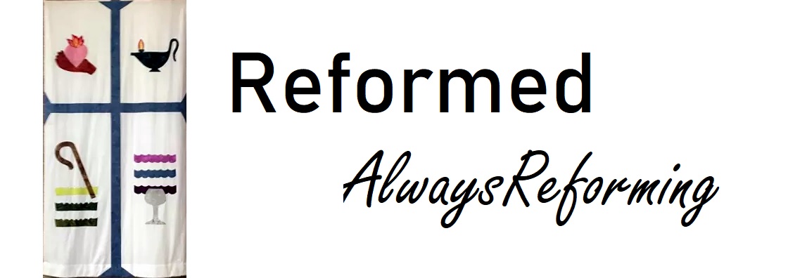 Banner with symbols of the Second Helvetic Confession and text "Reformed always reforming"